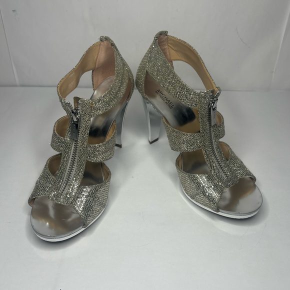Michael Kors Berkley Silver Glitter Leather Zip Peep Toe T Strap Sandals Heels - Picture 10 of 12